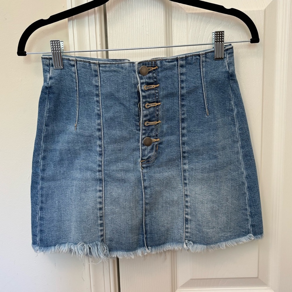 Altar’d State Cotton Blend Front Button Up Jean Shirt with Distressed Bottom